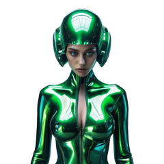 Green alien teenage female girl clothed metalic Grey high glossy clothes futuristic room colorfull p 1304432809